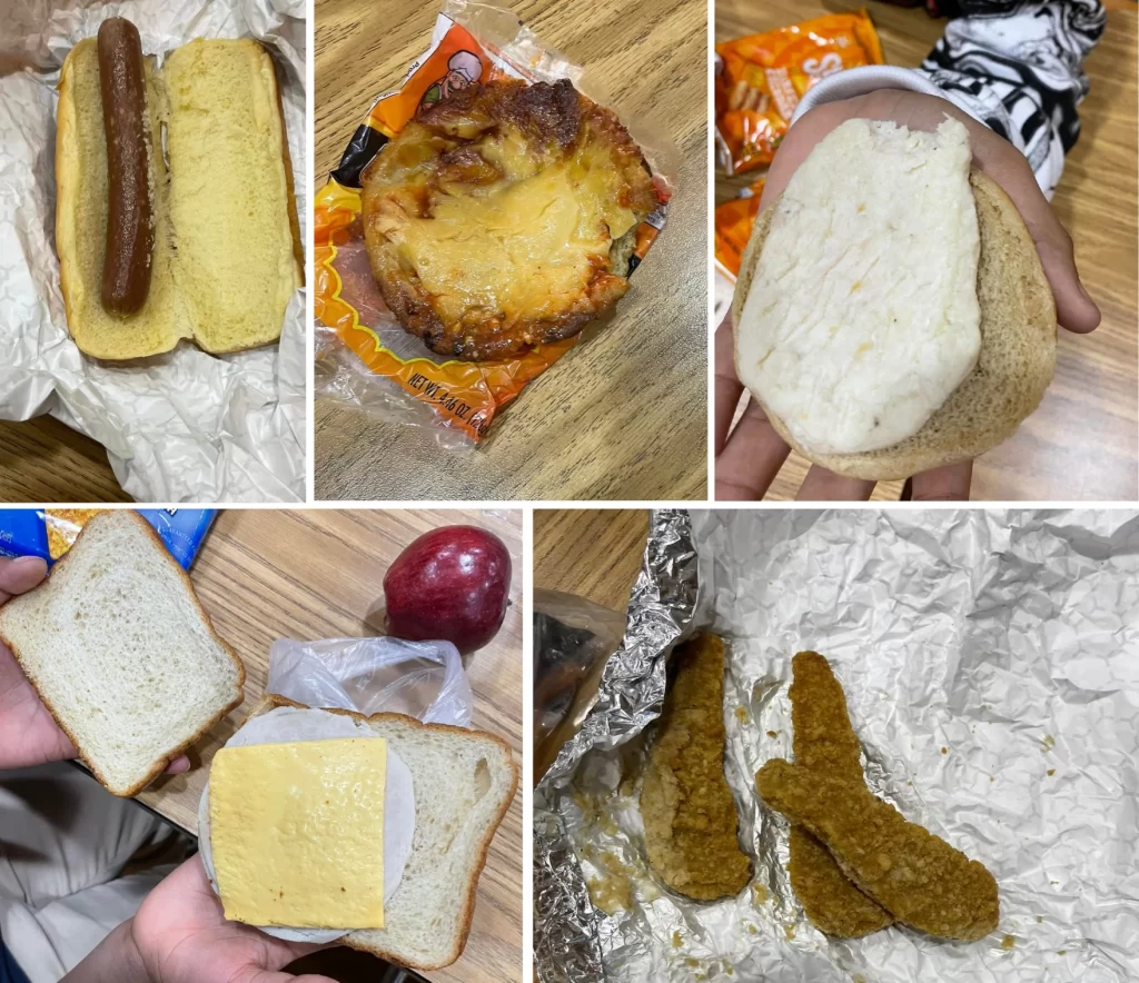 Collage of photos of Peoria school lunches, from left to right & top to bottom: a plain hotdog on an open bun, a burnt and amorphous personal pizza, an open bun with unseasoned chicken patty, an open faced sandwich made of sliced bread, turkey & cheese, and three chicken tenders. Food all looks to be sub-par quality.