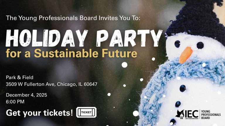 Holiday Party for a Sustainable Future event promotion. Snowman wears a blue hat and scarf.